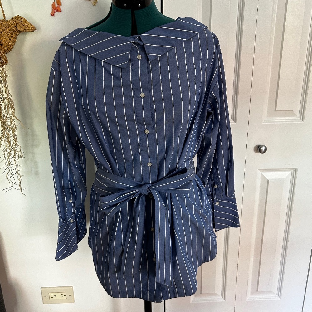 BANANA REPUBLIC Blue Striped Button Down Tie Waist Tunic Blouse